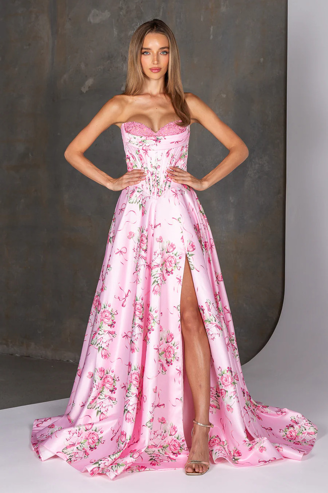 Durie PO26134 by Tania Olsen Designs pink floral satin A-line formal dress with strapless sweetheart corset bodice, basque waist and thigh-high split.