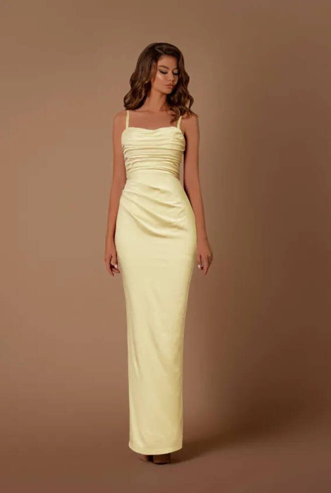 Nicoletta NBM1024 soft lemon full-length formal dress with spaghetti straps, gathered cowl neckline, ruched bodice and fitted column skirt.