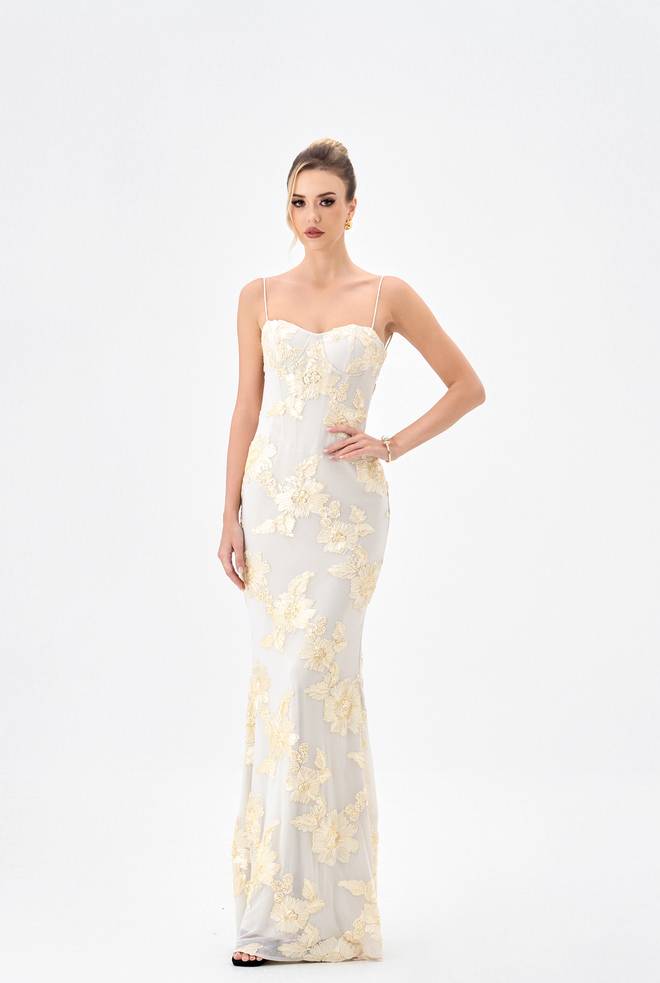 Cindy Lace Up Maxi BL85D0406 by Bariano Australia in ivory embroidered stretch mesh formal gown with sweetheart neckline, spaghetti straps and fitted fishtail skirt.
