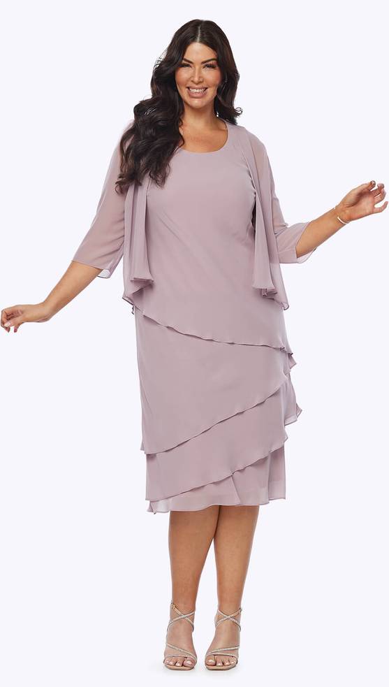 Model wearing Layla Jones LJ0359 in Rose, featuring a layered chiffon knee-length dress with a matching 3/4 sleeve waterfall jacket.