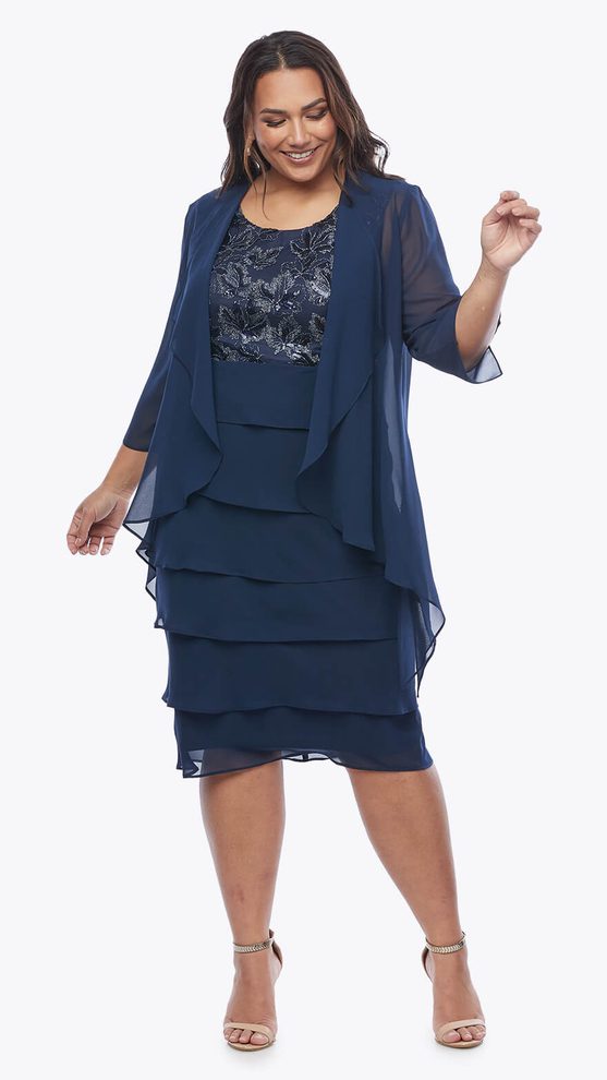 Layla Jones LJ0599 midnight blue layered chiffon dress with embroidered lurex lace bodice and matching waterfall jacket.