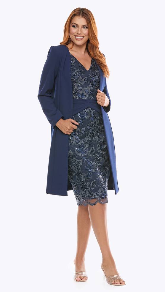 Jesse Harper JH0621 midnight embroidered sequin lace Mother of the Bride dress with V-neckline, scalloped hem, and matching stretch crepe jacket.