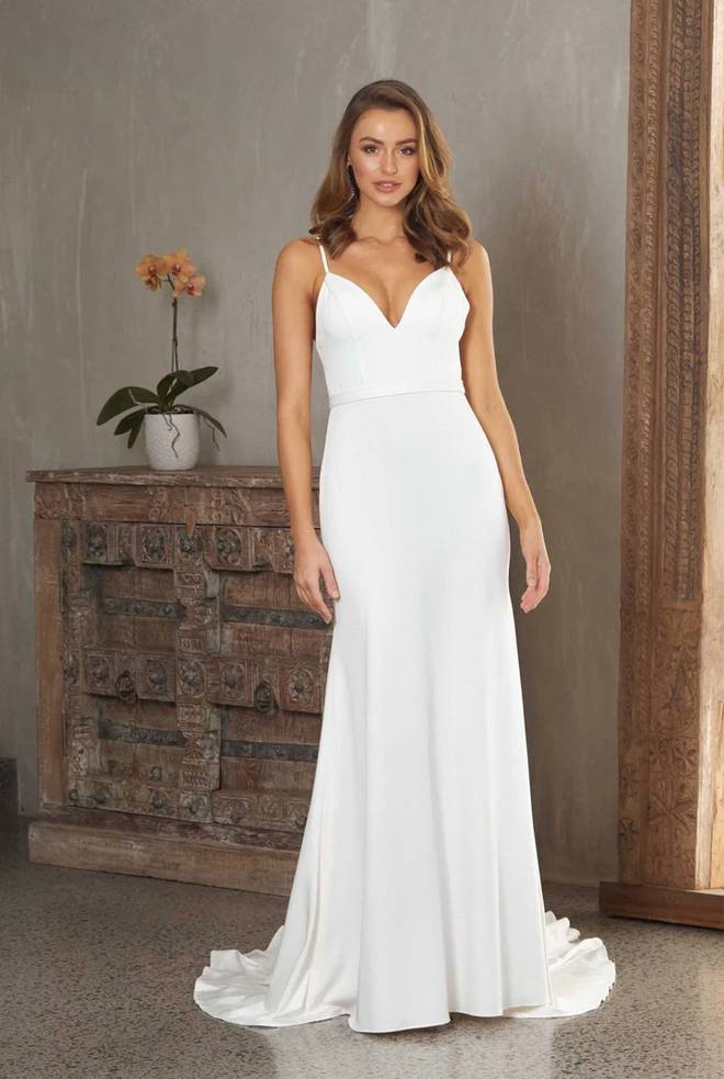 Amara TC329 matte satin fit and flare wedding dress with sweetheart neckline and long train.