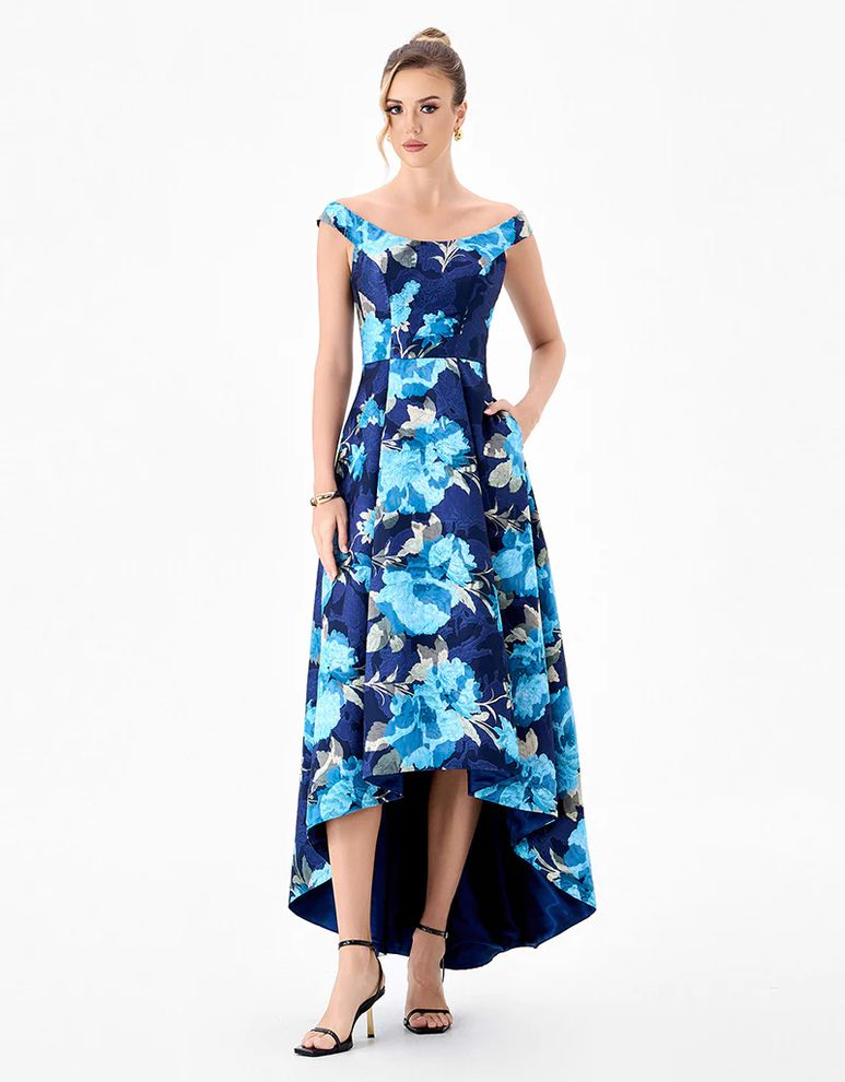 Bariano ADIBA B86D0716 navy and blue floral hi-lo dress with off-the-shoulder neckline and A-line skirt, front view.