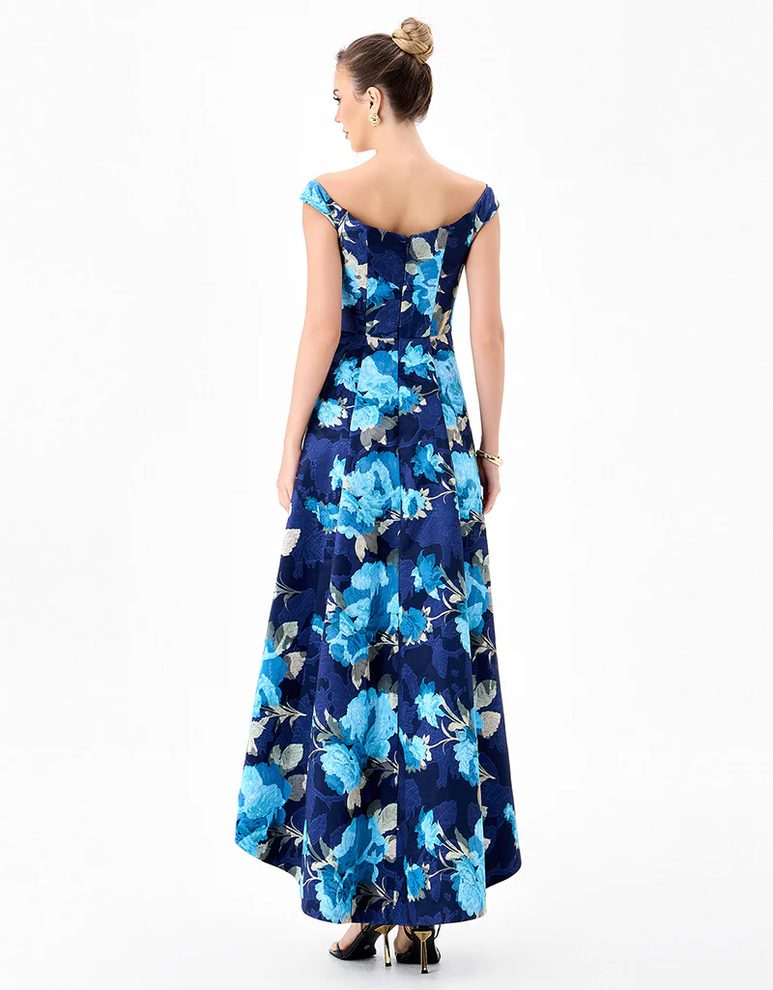 Back view of Bariano ADIBA B86D0716 navy floral occasion dress with off-the-shoulder sleeves and invisible zip closure.