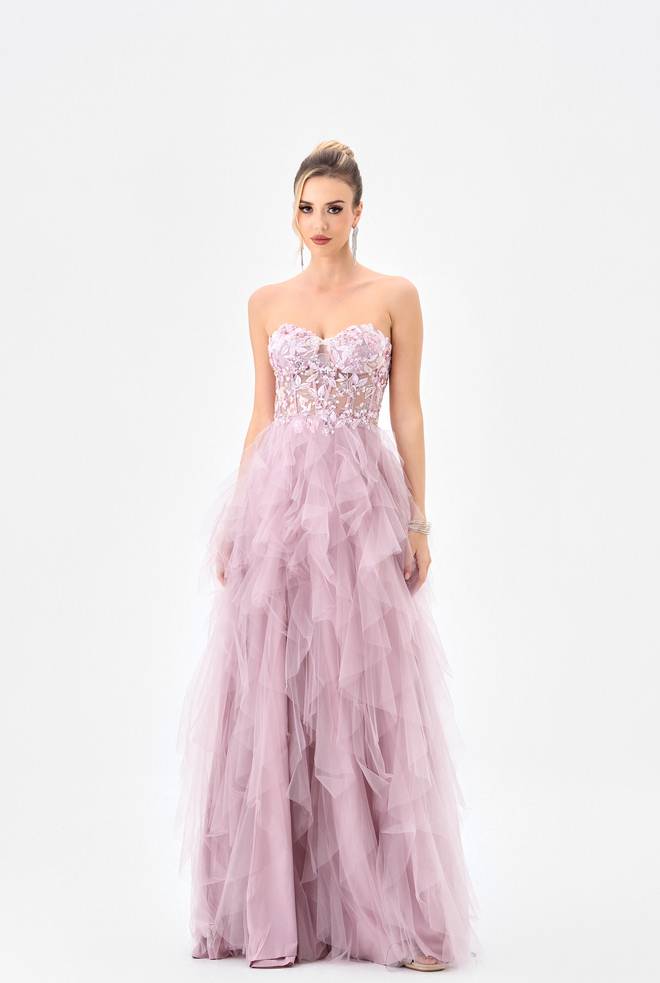 Bariano Faith Sheer Frill Gown B85D0406 in lilac with a strapless beaded corset bodice and tiered ruffle tulle A-line skirt, front view.