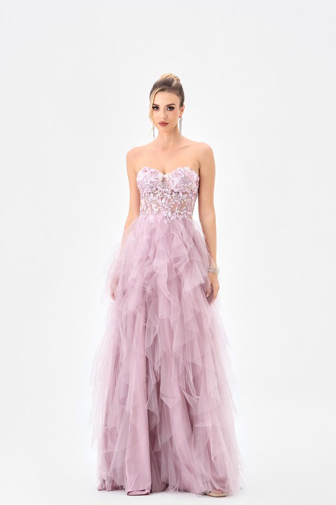 Bariano Faith Sheer Frill Gown B85D0406 in lilac with a strapless beaded corset bodice and tiered ruffle tulle A-line skirt, front view.