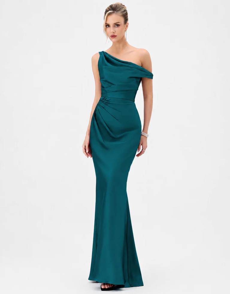 Jessibell Draped Maxi BL84D0422 by Bariano with an asymmetric neckline, draped off-the-shoulder sleeve and fitted fishtail skirt. Formal gown in Petrol