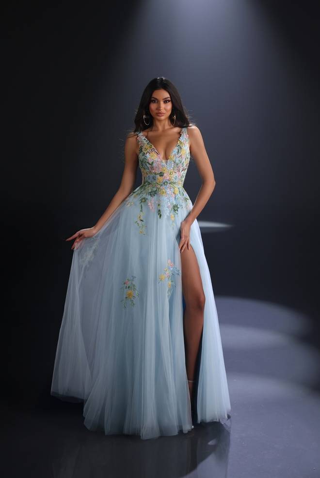 Nicoletta NC4023 blue embroidered tulle formal gown with plunging V-neckline, floral bodice, full A-line skirt and thigh-high split.
