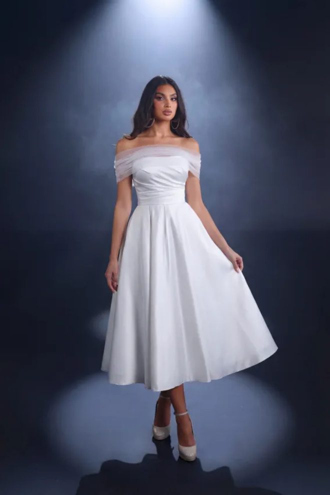 Nicoletta NC4041 ivory Mikado tea-length bridal dress with a detachable off-the-shoulder tulle shrug and full A-line skirt.