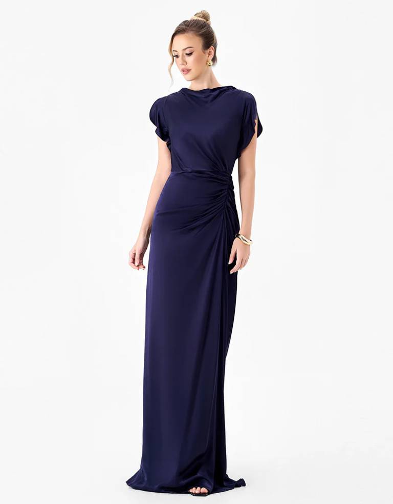 Bariano Rasmi B86D0747 navy drape satin gown with a relaxed cowl neckline, cut-out sleeves and side-front ruching.
