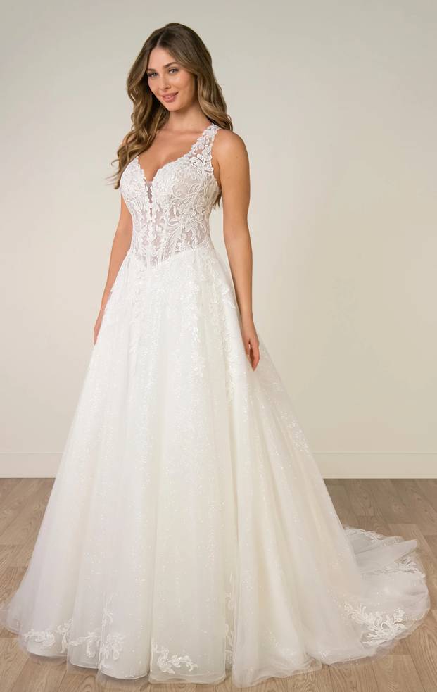 Stella York SY8314 sparkle tulle A-line wedding dress with floral lace bodice, plunging V-neckline and wide lace straps.