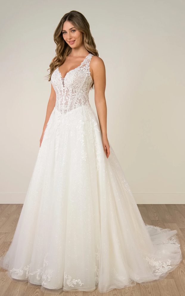 Stella York SY8314 sparkle tulle A-line wedding dress with floral lace bodice, plunging V-neckline and wide lace straps.