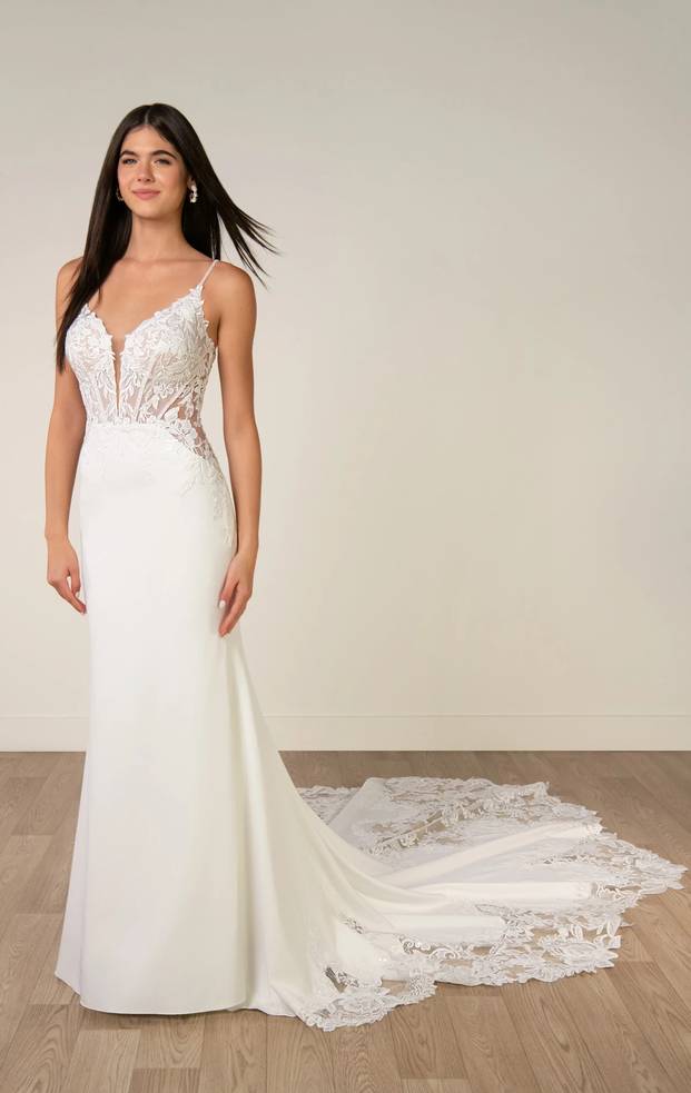 Stella York SY8340 fitted lace and crepe wedding dress with spaghetti straps, plunging illusion neckline and lace-edged train at RSVP Bridal Coffs Harbour.