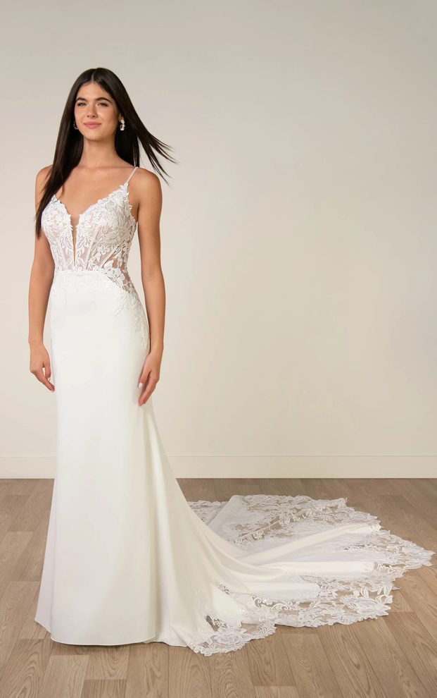 Stella York SY8340 fitted lace and crepe wedding dress with spaghetti straps, plunging illusion neckline and lace-edged train at RSVP Bridal Coffs Harbour.